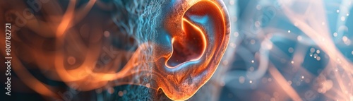 A closeup of an ear listening intently, with sound waves transforming into visual representations of emotions  photo