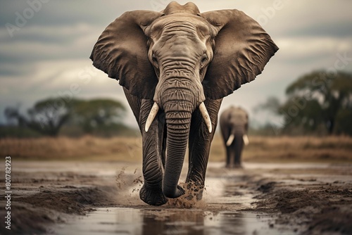 Close up shot of an elephant running towards the camera, the background blurred and out of focus showing other elephants in the savannah with wet mud on the ground. Generative AI