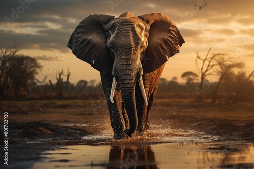 A majestic elephant  with its large ears and powerful body  walking along the savannah road under a cloudy sky. Generative AI