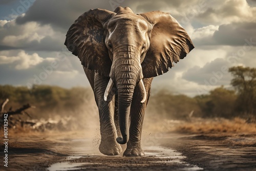 A majestic elephant, with its large ears and powerful body, walking along the savannah road under a cloudy sky. Generative AI photo