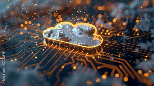 A closeup shot of a circuit board, with electrical pulses forming the shape of a cloud storage symbol  photo