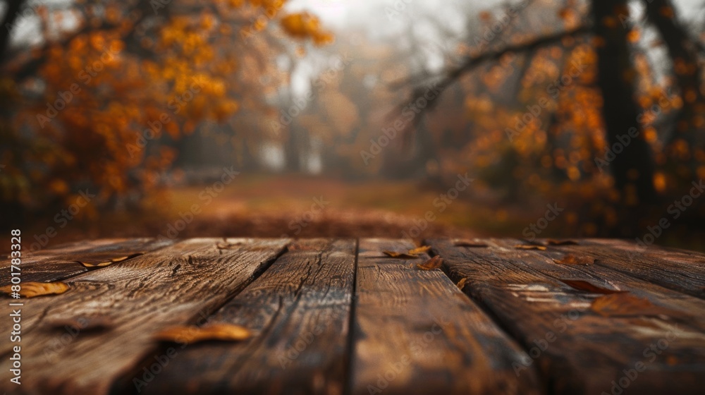 Close-up of a rustic wooden table covered with fallen leaves, set against a soft-focus autumnal forest backdrop. Close-up of a rustic wooden table covered with fallen leaves, set against a soft-focus autumnal forest backdrop.