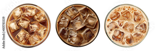 Iced coffee glass with ice cubes top view collection isolated on transparent cut-out background, cold beverage Image clipart PNG