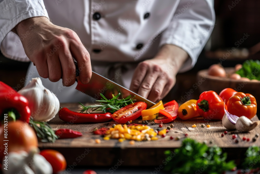 chef Slicing vegetables on wood background