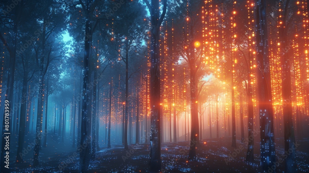 A digital forest where trees are formed from glowing code, their branches reaching towards a neon sunrise  