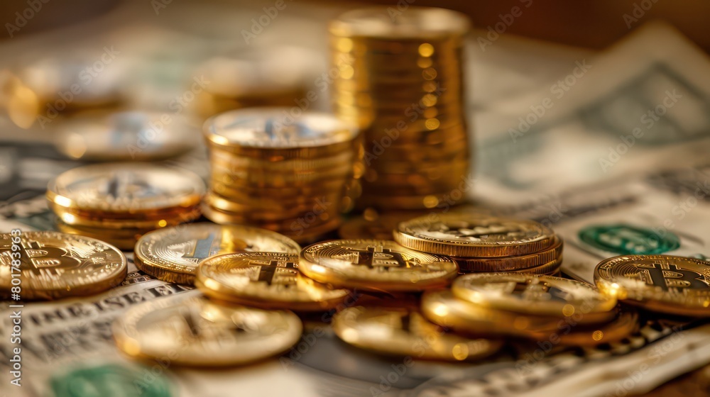 bitcoin background, fintech coin on a blurred background bitcoin background, fintech coin on a blurred background