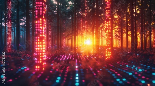 A digital forest where trees are formed from glowing code, their branches reaching towards a neon sunrise 