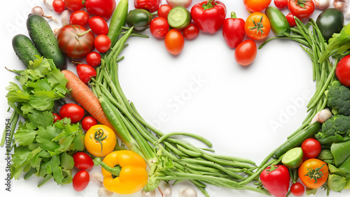 Heart shape frame of fresh vegetables on white background. Generative Ai
