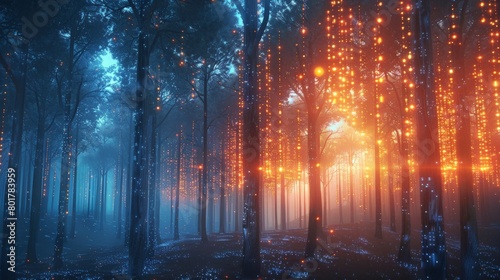 A digital forest where trees are formed from glowing code  their branches reaching towards a neon sunrise  