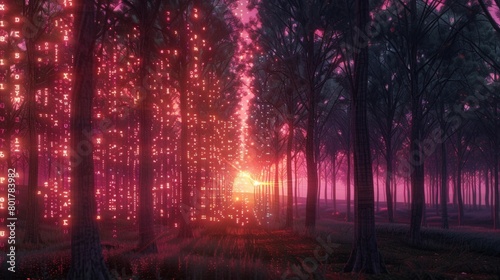 A digital forest where trees are formed from glowing code, their branches reaching towards a neon sunrise 