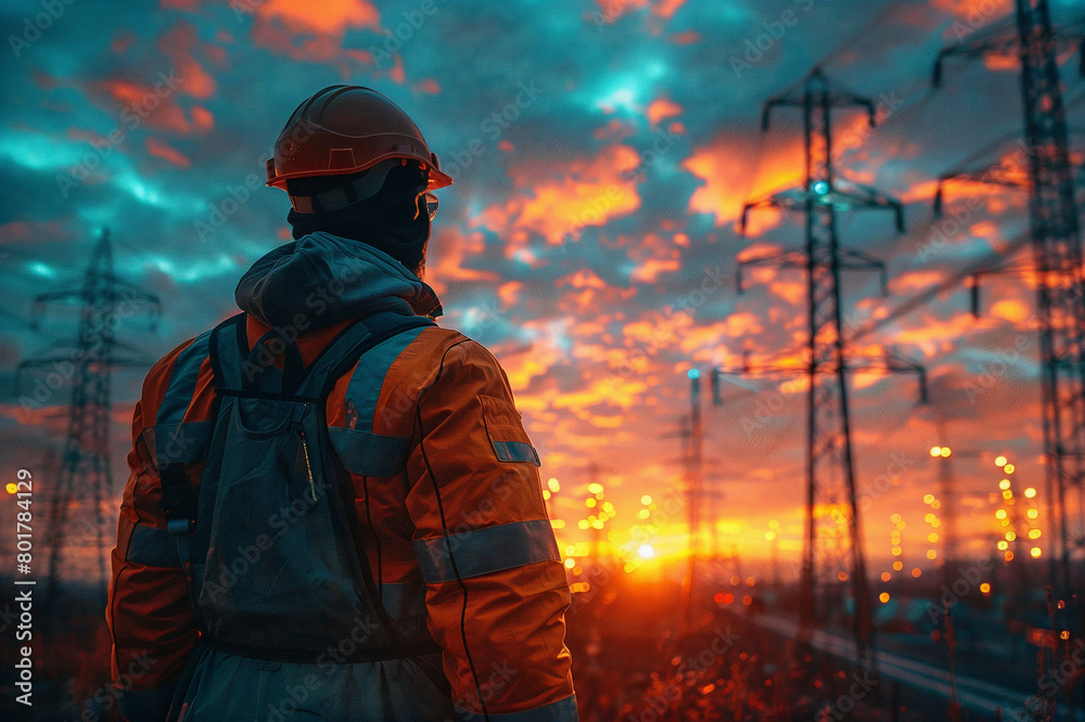 a smart electrician doing electric pole inspection wearing safety equipment, background of sunset, shot by professional photographer, award winning photography, copy space.