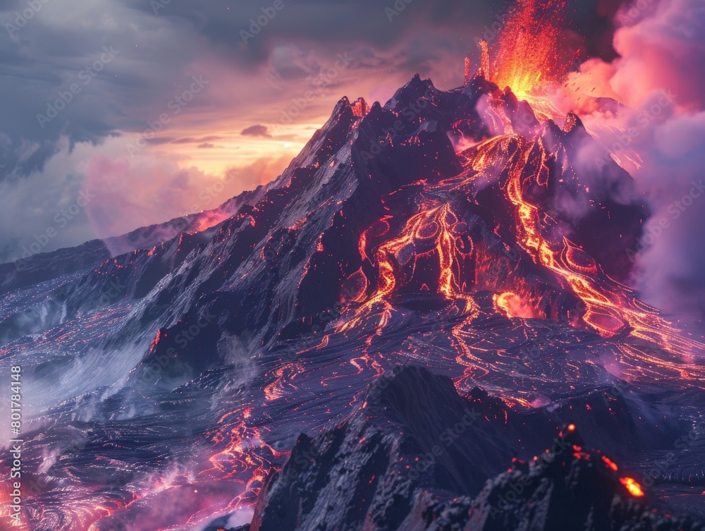 A dramatic image of a volcanic eruption spewing colorful molten lava, flowing down the mountainside and mixing with the earth  