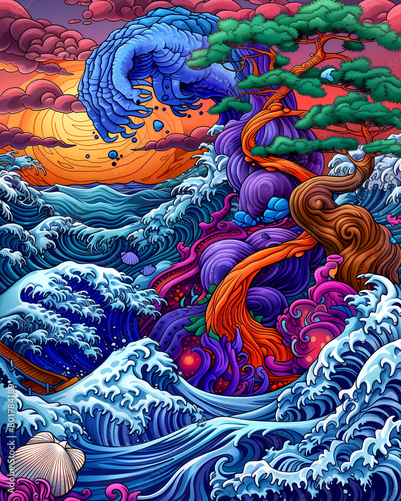 A colorful painting of a wave with a tree in the middle