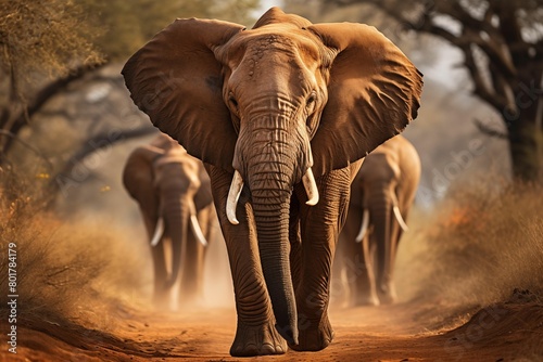 A majestic elephant leading an elephant's herd, walking towards the camera on a dirt road in Africa. Generative AI © SALEEM