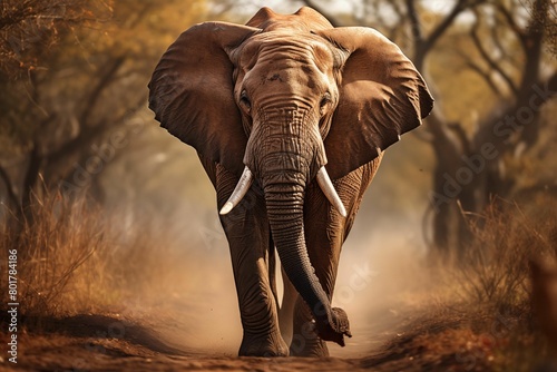A majestic elephant, with its large ears and powerful body, walking along the path in an African savannah. Generative AI