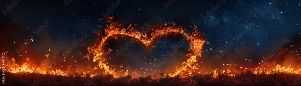 A dramatic photo of a wildfire burning in the shape of a heart, with a starry night sky above  