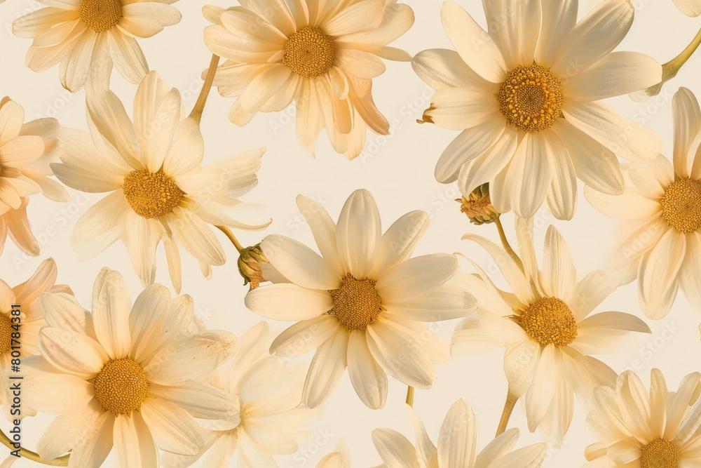Beautiful collection of delicate white daisies on a soft beige background with elegant white petals