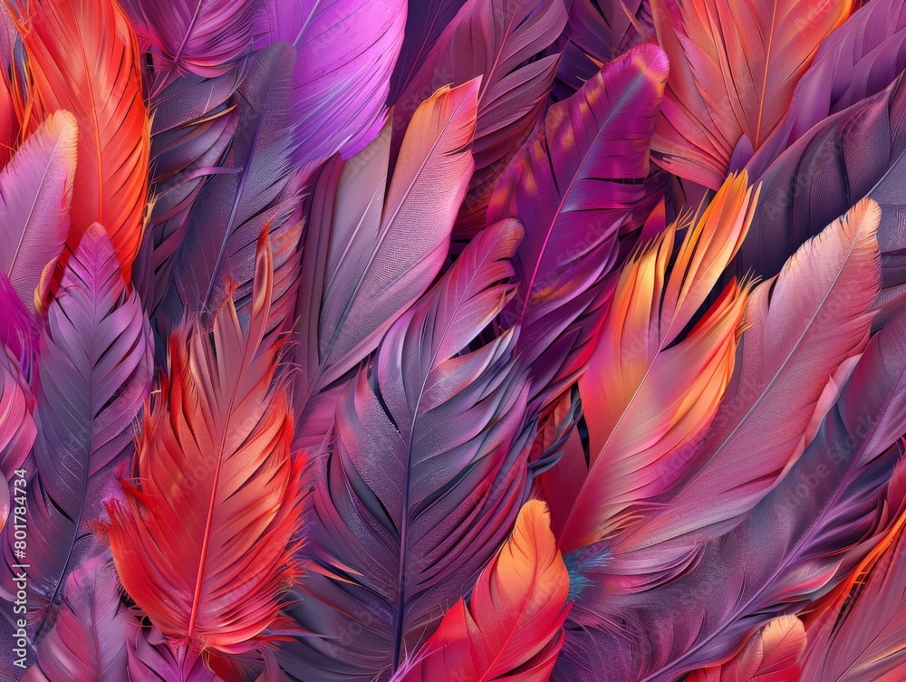 A field of meticulously arranged feathers in rich jewel tones, fanned out to create a mesmerizing texture concept 3D rendering 