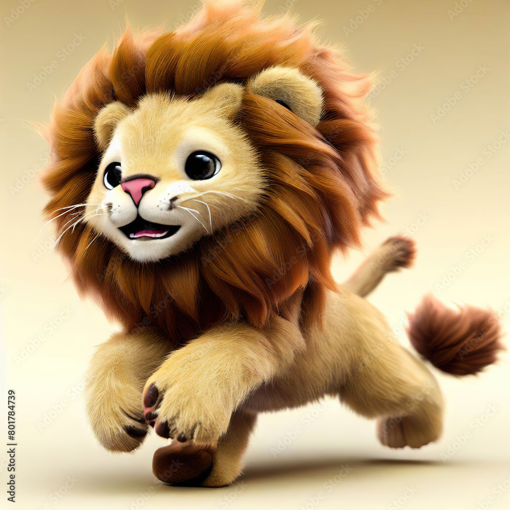 3D fluffy cartoon lion with white background. with Generative AI technology