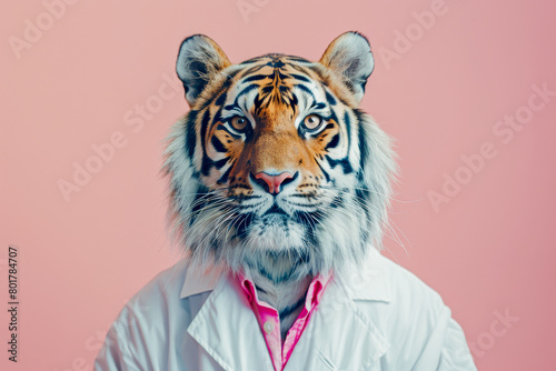 Tiger Headed Doctor in a White Coat Against Pink Background