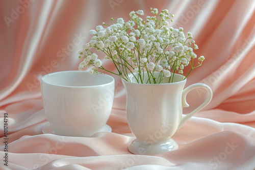 A white flower vase with white flowers sits on a pink background