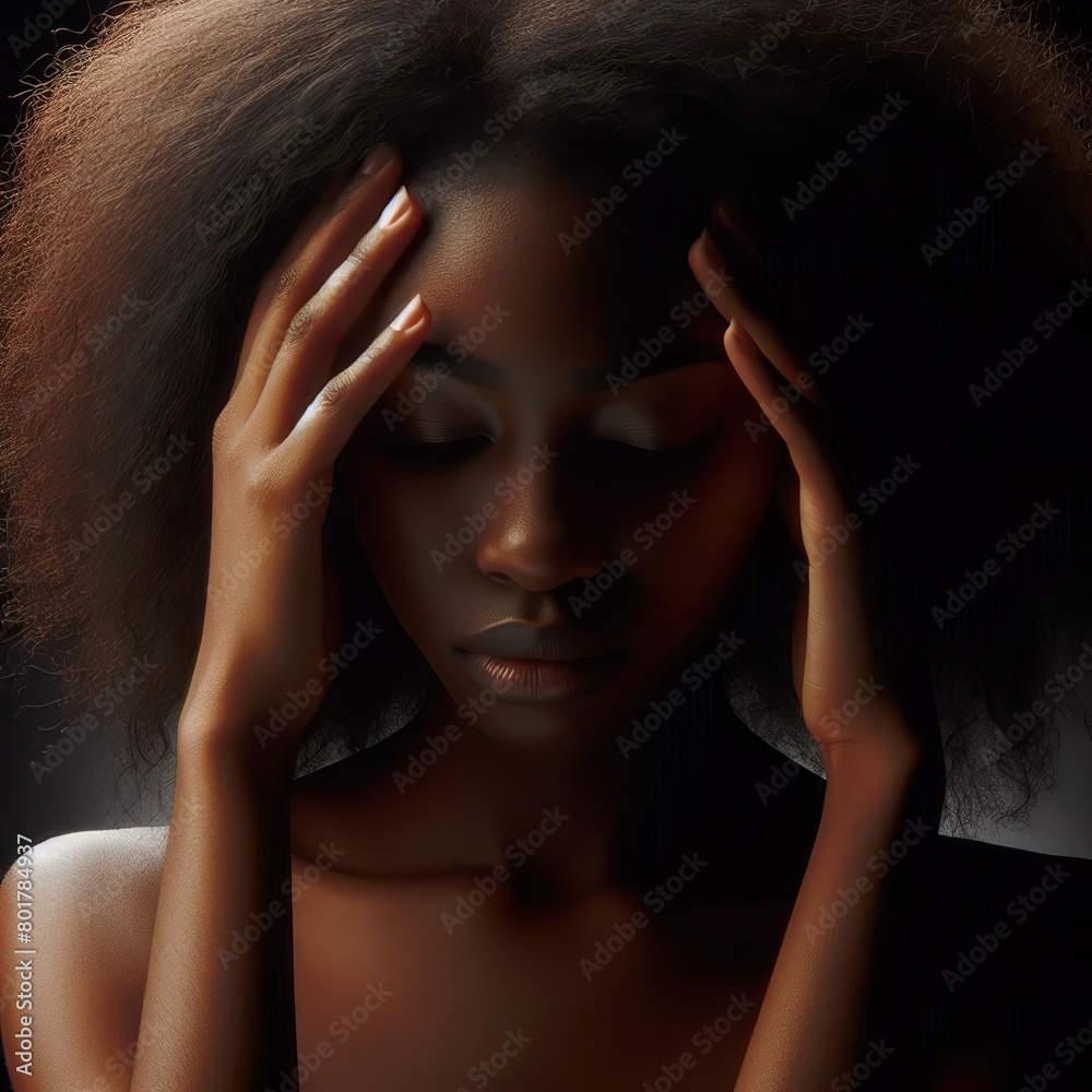 Fototapeta premium A young african woman portrait having a headache, with the rim light. The background is black