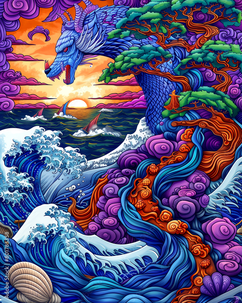 A painting of a dragon and a tree with purple and blue colors