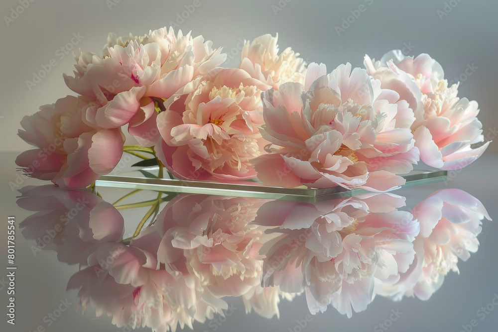 A bouquet of pink flowers is reflected in a glass surface A bouquet of pink flowers is reflected in a glass surface
