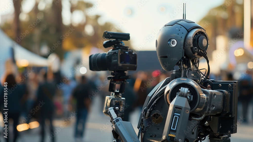 A robot journalist reporting live at a global event equipped with a camera and broadcasting gear A robot journalist reporting live at a global event equipped with a camera and broadcasting gear