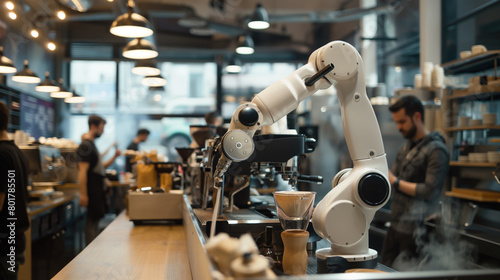 A robot barista at a trendy coffee shop crafting perfect latte art with a mechanical precision arm photo