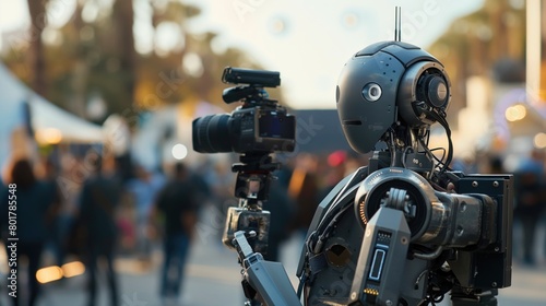 A robot journalist reporting live at a global event equipped with a camera and broadcasting gear