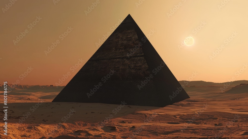 A monolithic black pyramid casting a perfectly symmetrical shadow across a Martian landscape dotted with advanced mining outposts  