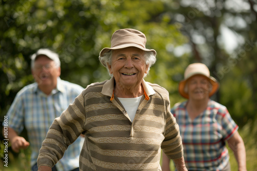 Group of elderly people enjoying a healthy walk in the park, joyful and active © ch3r3d4r4f43l