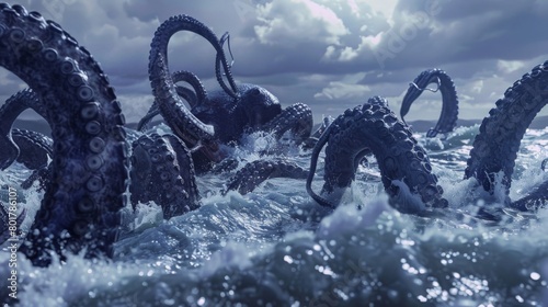 The tidal wave crashed onto the land revealing a fearsome army of sea monsters from giant tentacled krakens to sleek deadly sharks . . photo