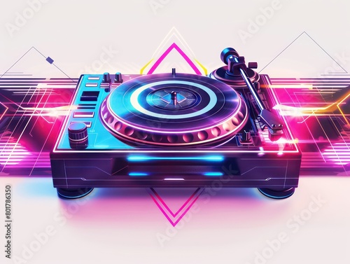 vibrant DJ turntable surrounded by neon lights and geometric patterns