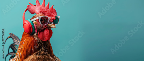 Fashionable rooster wearing sunglasses and headphones, styled with vibrant red feathers and detailed textures against a plain teal background photo