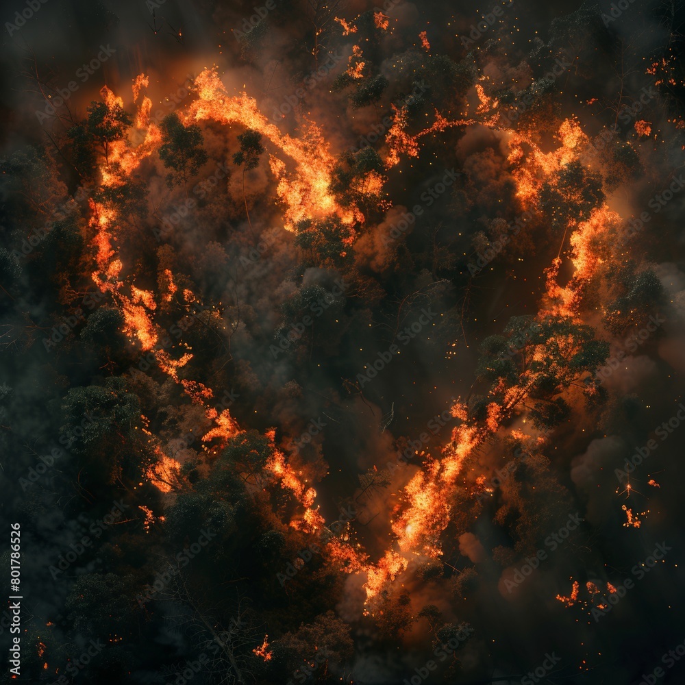 A photorealistic image of a forest fire forming the shape of a broken heart, with smoke rising in the form of tears  