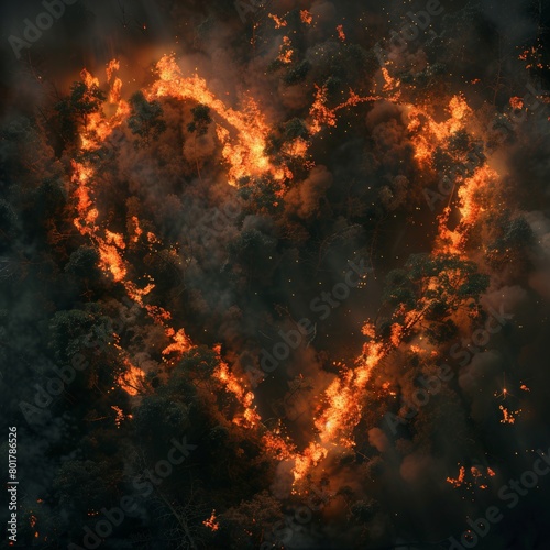 A photorealistic image of a forest fire forming the shape of a broken heart  with smoke rising in the form of tears  