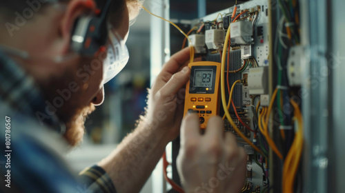 A technician uses a multimeter to measure electrical outputs in a technical facility, ensuring systems operate within safe parameters. photo