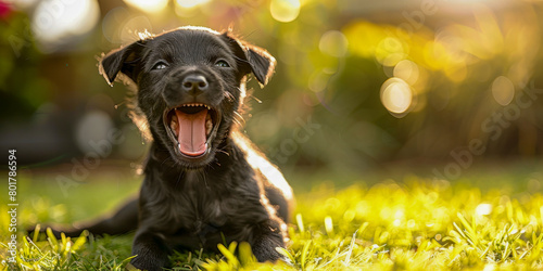 Joyful Black Puppy Playfully Yawning in Sunlit Grass photo