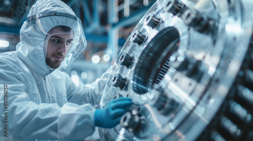 A cleanroom engineer in protective gear meticulously inspects high-precision machinery, focused on maintaining stringent quality standards. photo