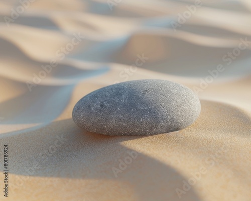 A single, perfectly formed pebble resting on a bed of smooth sand, depicting mindfulness and the present moment 