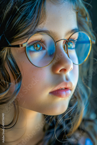 Young Girl with Glasses Gazing Thoughtfully, Natural Light Portrait