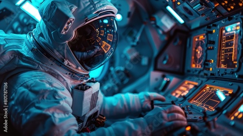A man in a space suit is sitting in a cockpit of a spaceship photo
