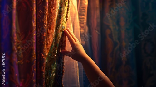 A child's hand reaching for a puppet theater curtain