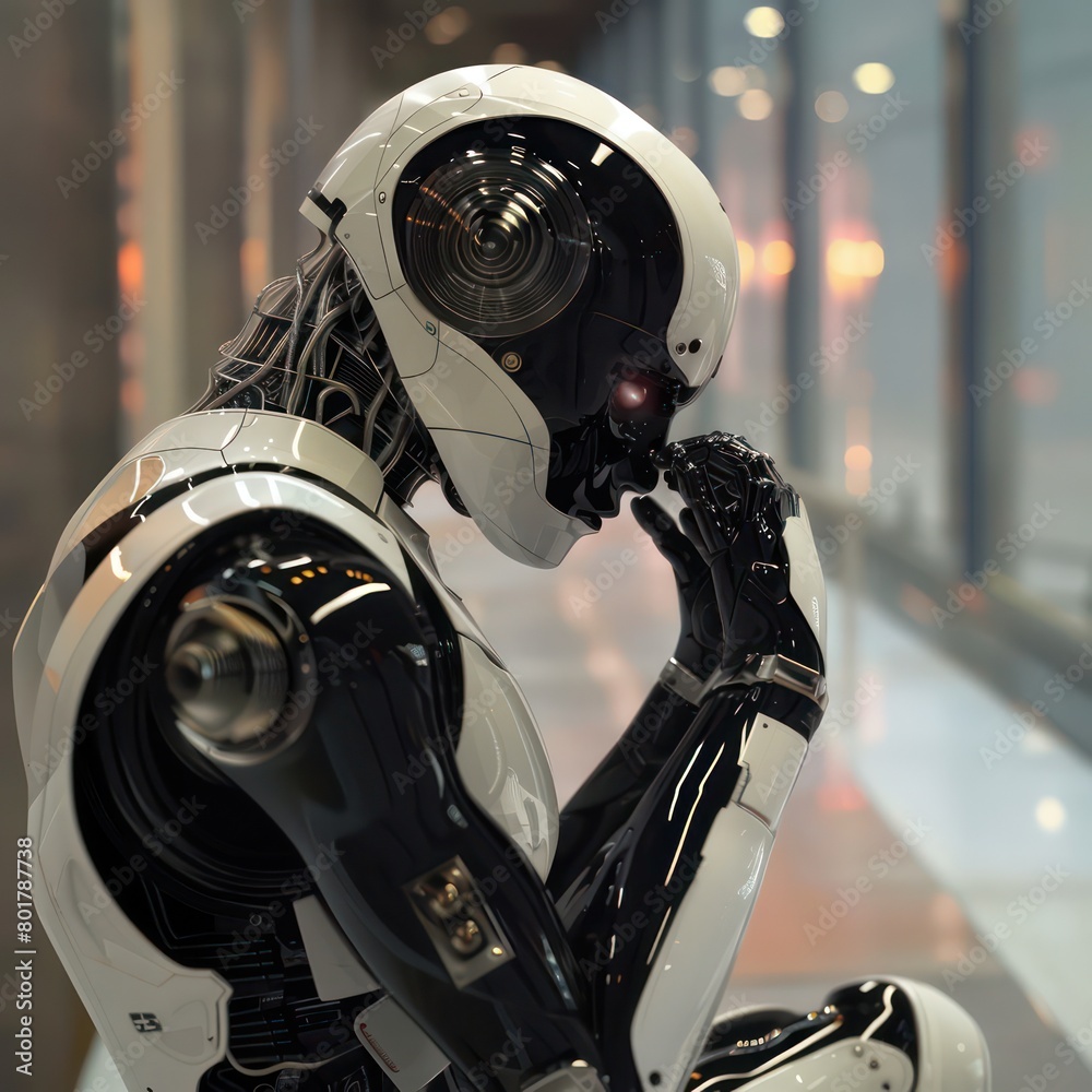 Fototapeta premium AI robot pondering and self reflecting