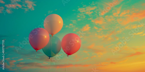 Three balloons are floating in the sky, with one of them being pink