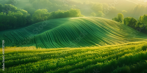 A lush green field with a hill in the background photo