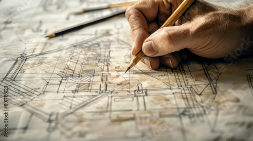 Close-up of an architect's hands as he reviews detailed construction blueprints on a well-lit worktable.