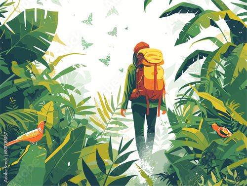 Backpacker's Rainforest Reverie: A Lone Wanderer Amidst Nature's Tapestry of Sound and Color